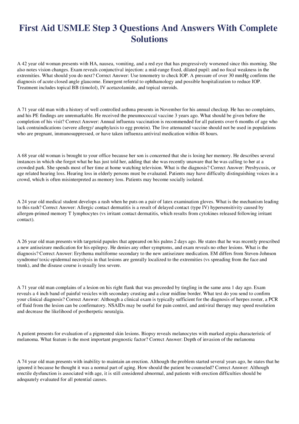 First Aid USMLE Step 3 Questions And Answers With Complete Solutions